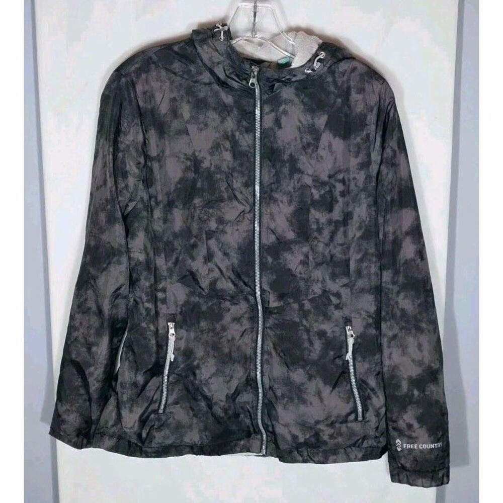 Free Country Womens Jacket M Black Gray Tie Dye Hooded Fleece Lined Full Zip